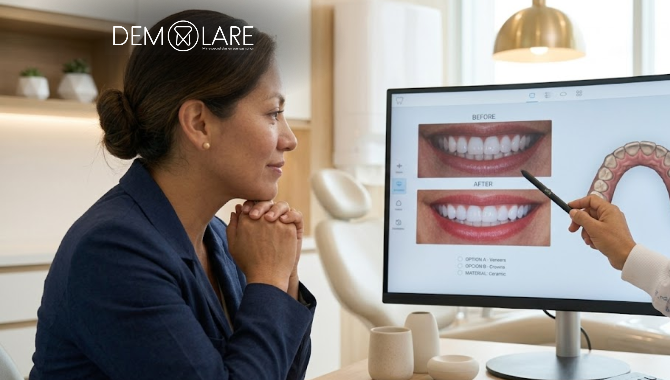 Primer plano de una paciente observando una simulación digital de su futura sonrisa en una pantalla de computadora mientras el especialista explica las opciones disponibles. La iluminación es cálida y elegante.