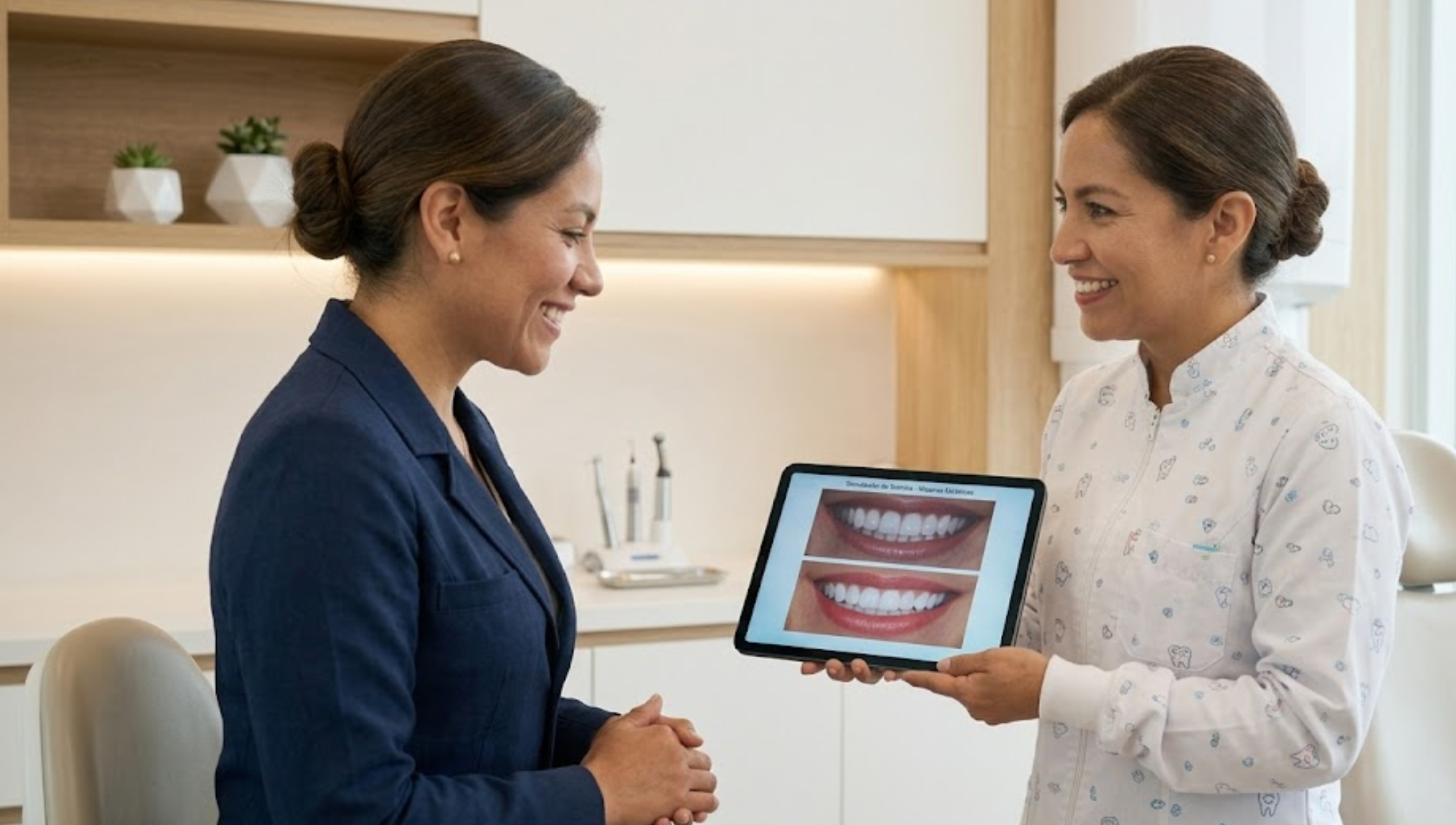 Una odontóloga conversa con una paciente mientras le muestra fotografías digitales de una simulación estética en una tablet. La clínica es moderna, luminosa y minimalista. La paciente sonríe con ilusión mientras observa las posibles mejoras de su sonrisa.