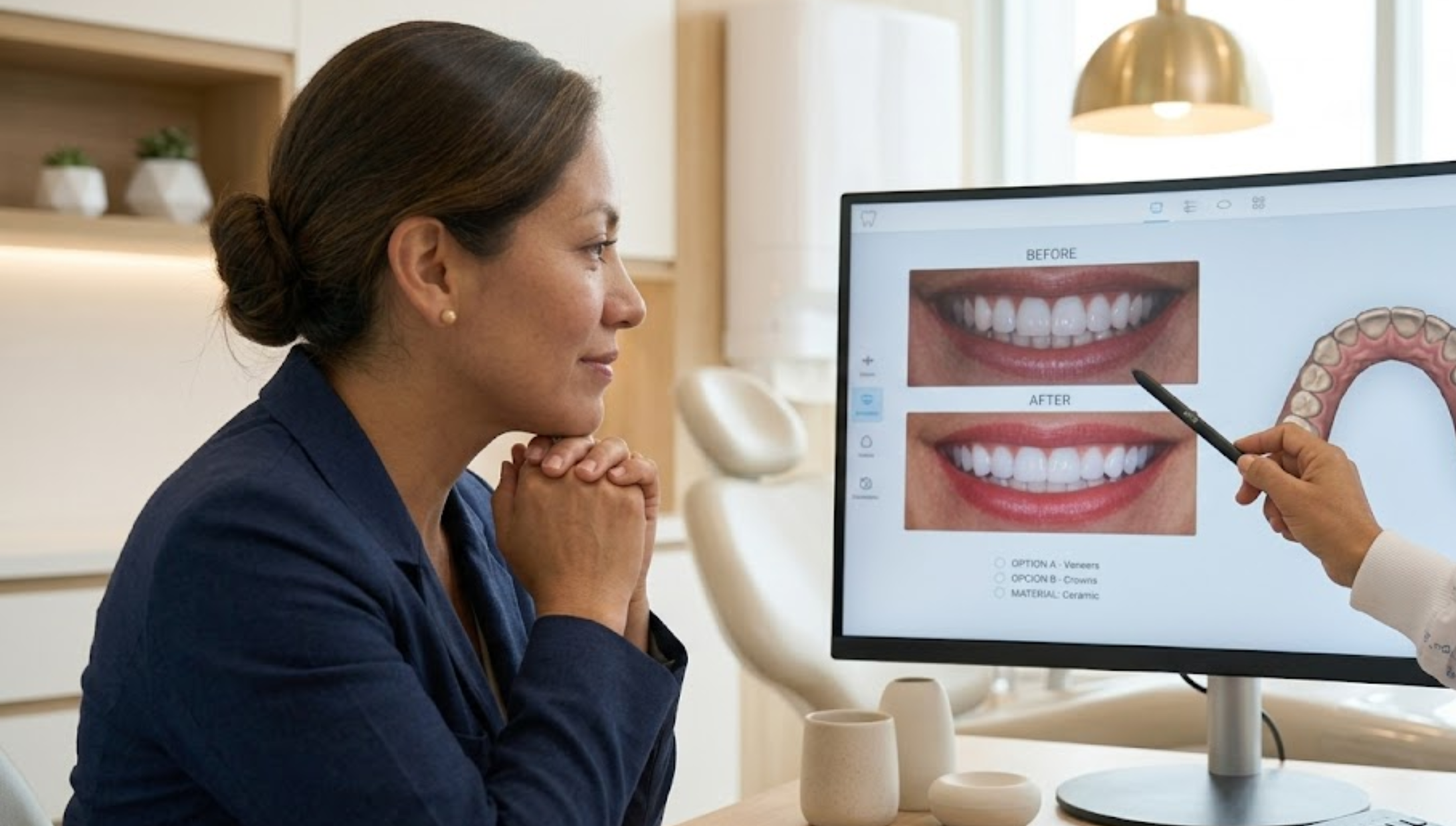 Primer plano de una paciente observando una simulación digital de su futura sonrisa en una pantalla de computadora mientras el especialista explica las opciones disponibles. La iluminación es cálida y elegante.